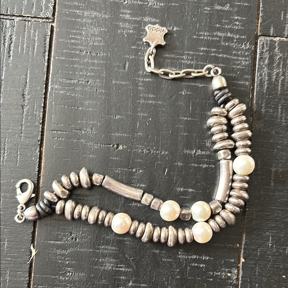 Vidda Spain Pearl Silver Tone Geometric Beaded Multilayer Bracelet